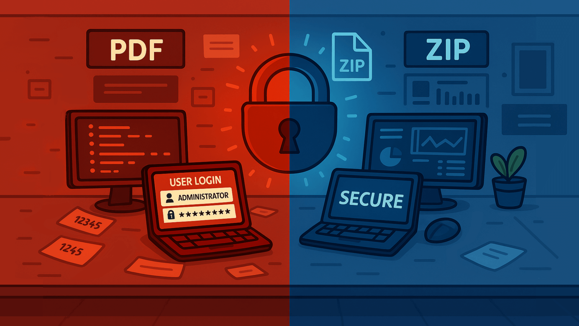 Split-screen illustration comparing insecure and secure file practices.