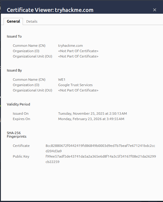 Certificate details for tryhackme.com