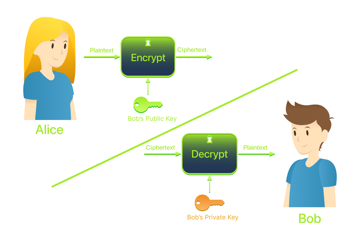 Alice and Bob using a public and private key pair to exchange messages