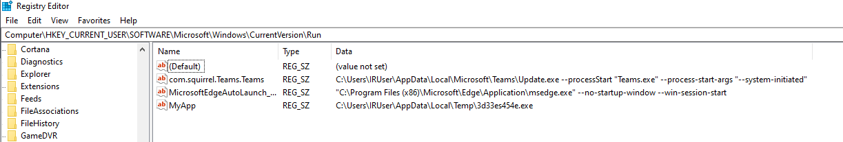 A Registry Editor window, showing the content of the 'Computer\HKEY_CURRENT_USER\Software\Microsoft\Windows\CurrentVersion\Run' key. The key contains a list of sub-keys. The last sub-key is named 'MyApp', is of type 'REG_SZ' and contains the string 'C:\Users\IRUser\AppData\Local\Temp\3d33es454e.exe'.
