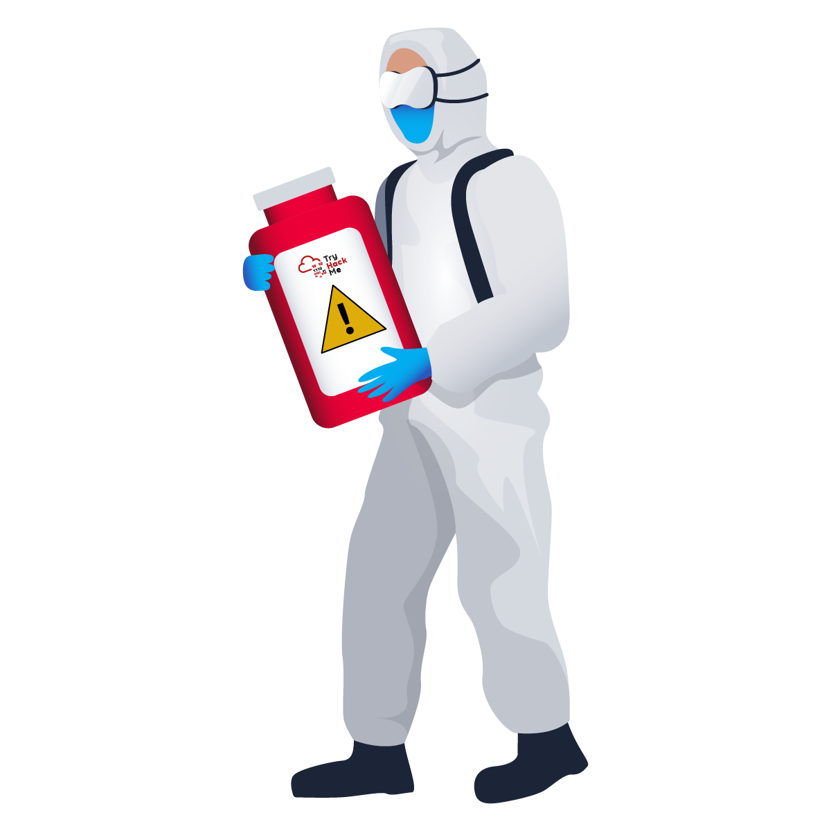A person in a biohazard suit holding a container that has a warning sign on it, implying that some threat has been contained in that container