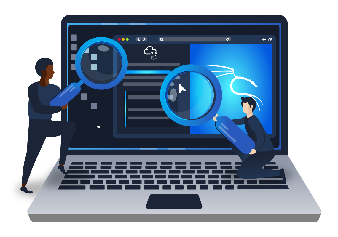 A huge computer, with two magnifying glasses, showing two people investigating the computer with the magnifying glasses