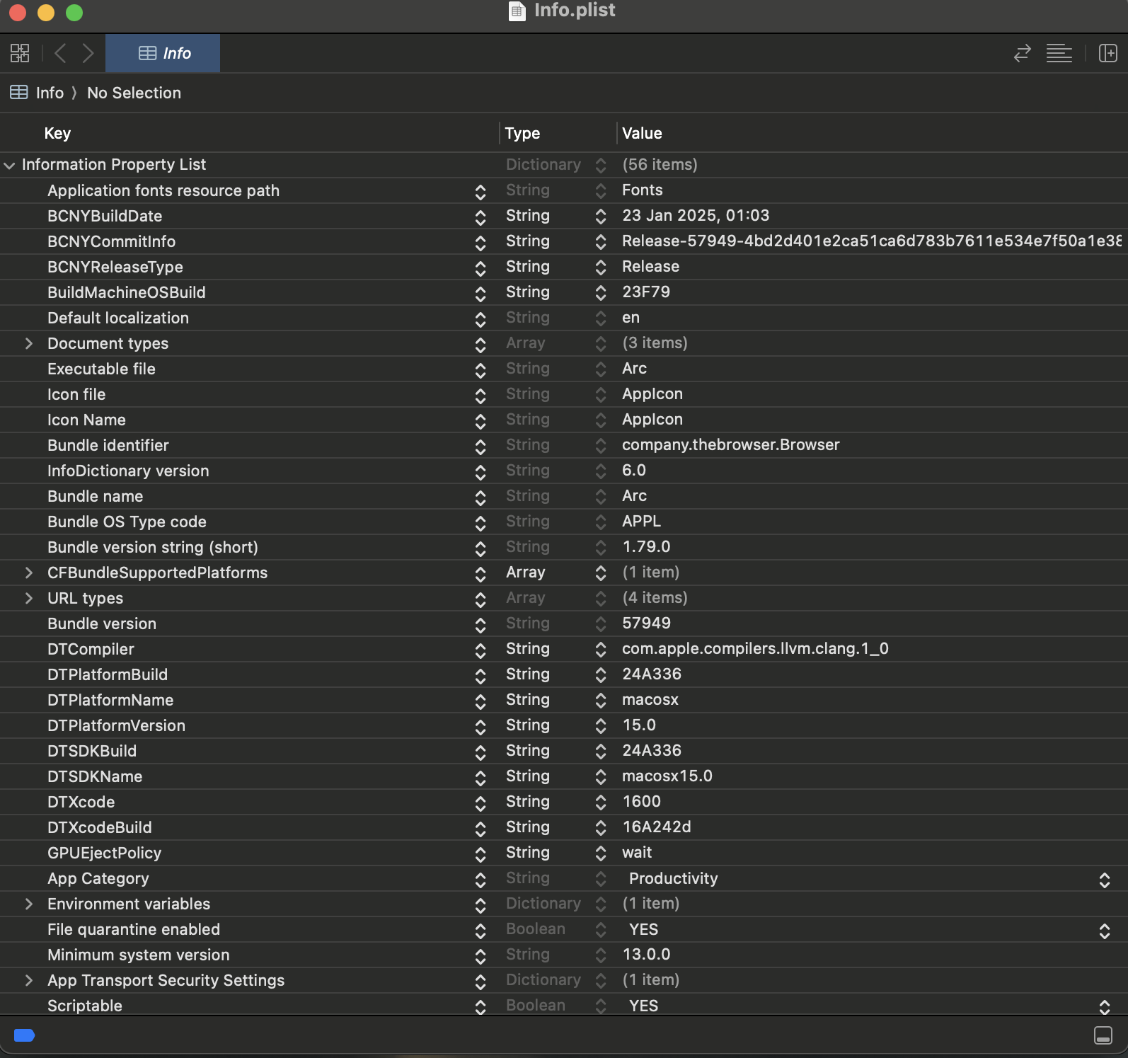 A screenshot of how a plist file looks in Xcode