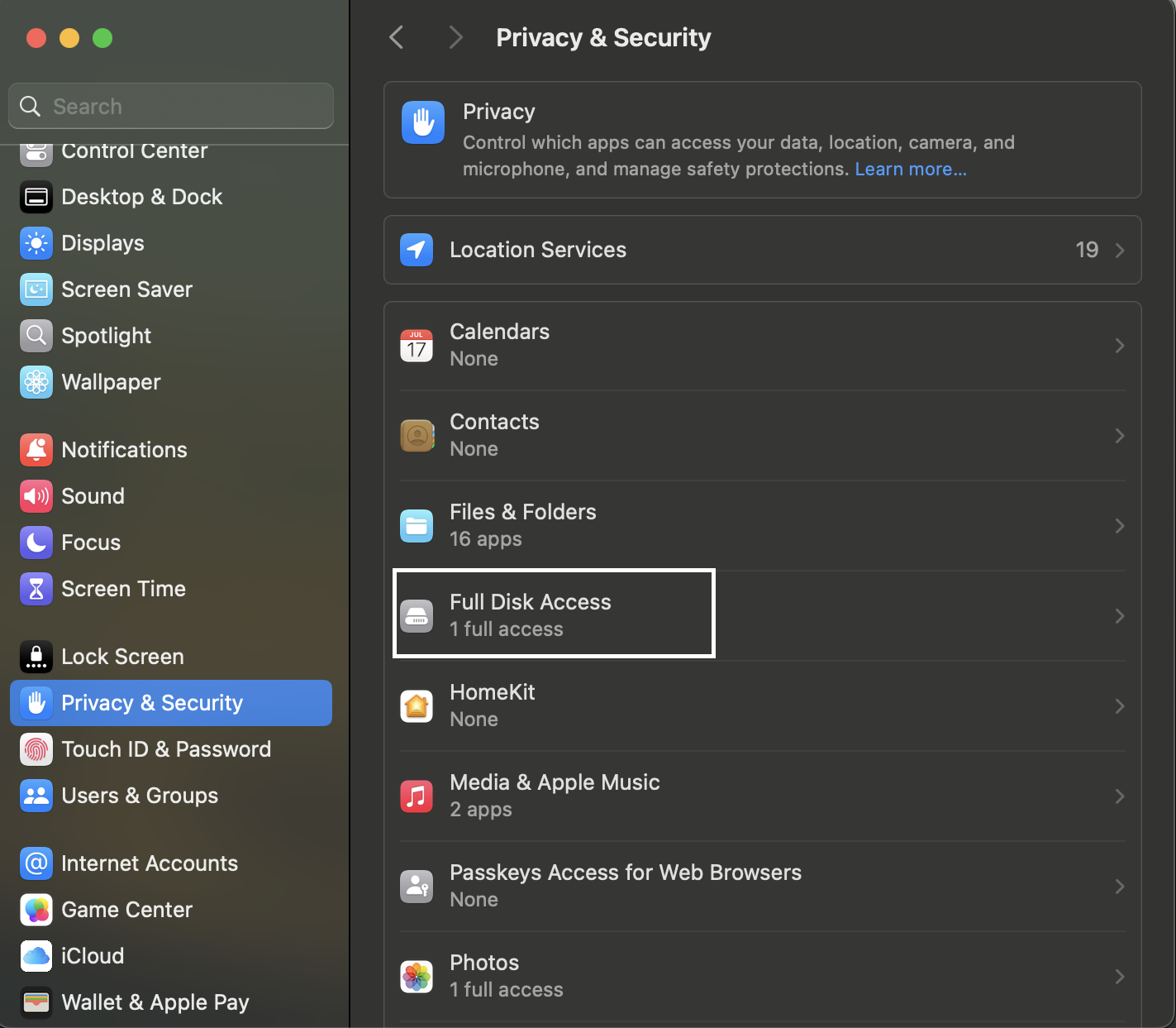 Full Disk Access settings in MacOS