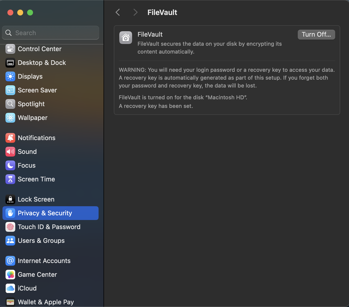 FileVault settings in MacOS