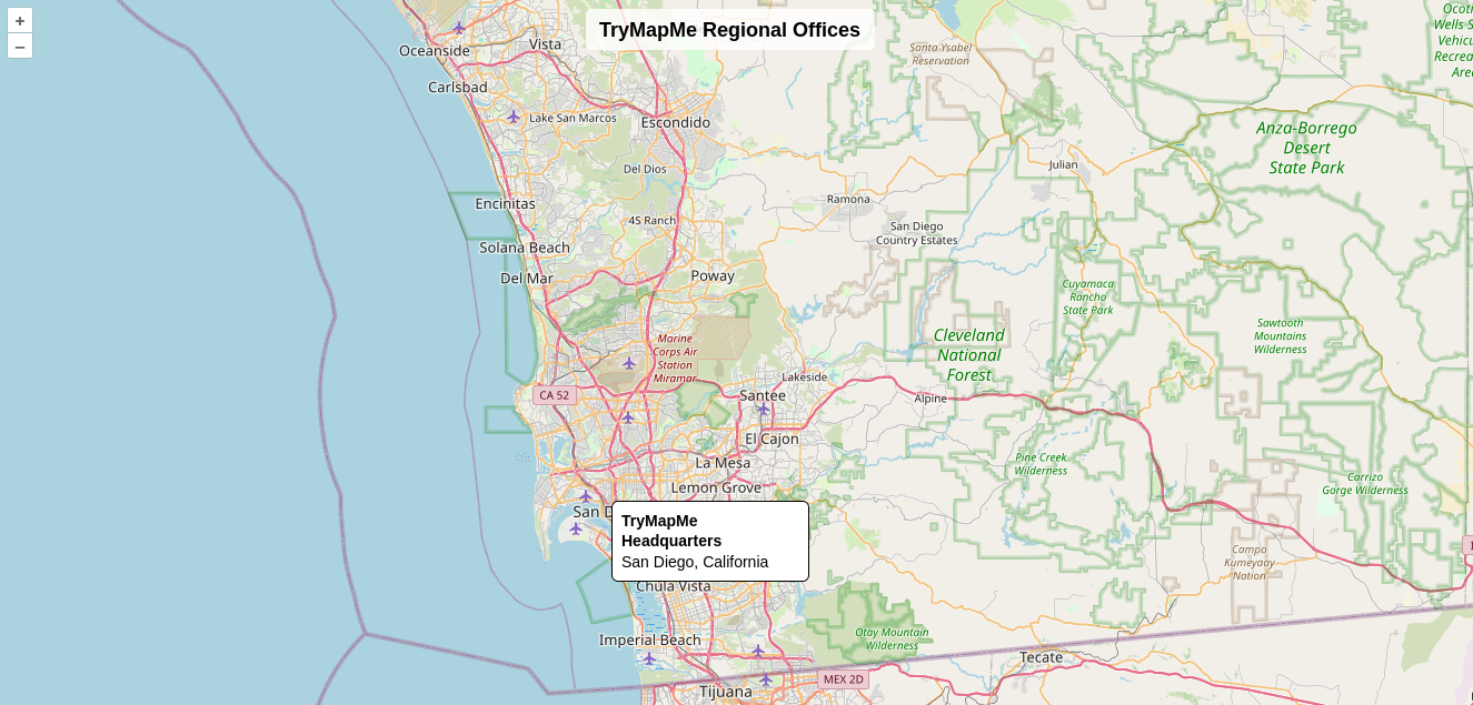 A screenshot of the TryMapMe GeoServer map focused on the TryMapMe headquarters.