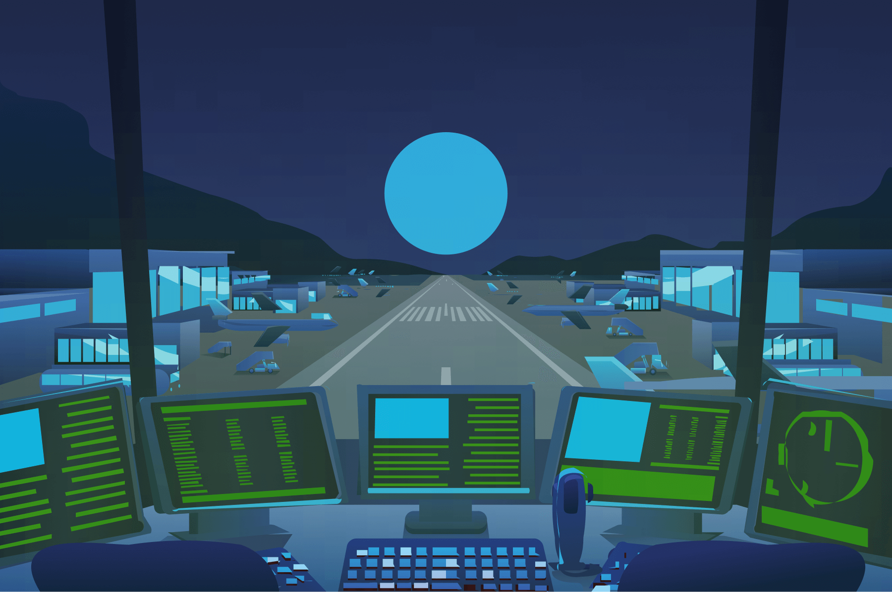 A graphic showing an airport from the perspective of air traffic control which represents the computer's operating system.