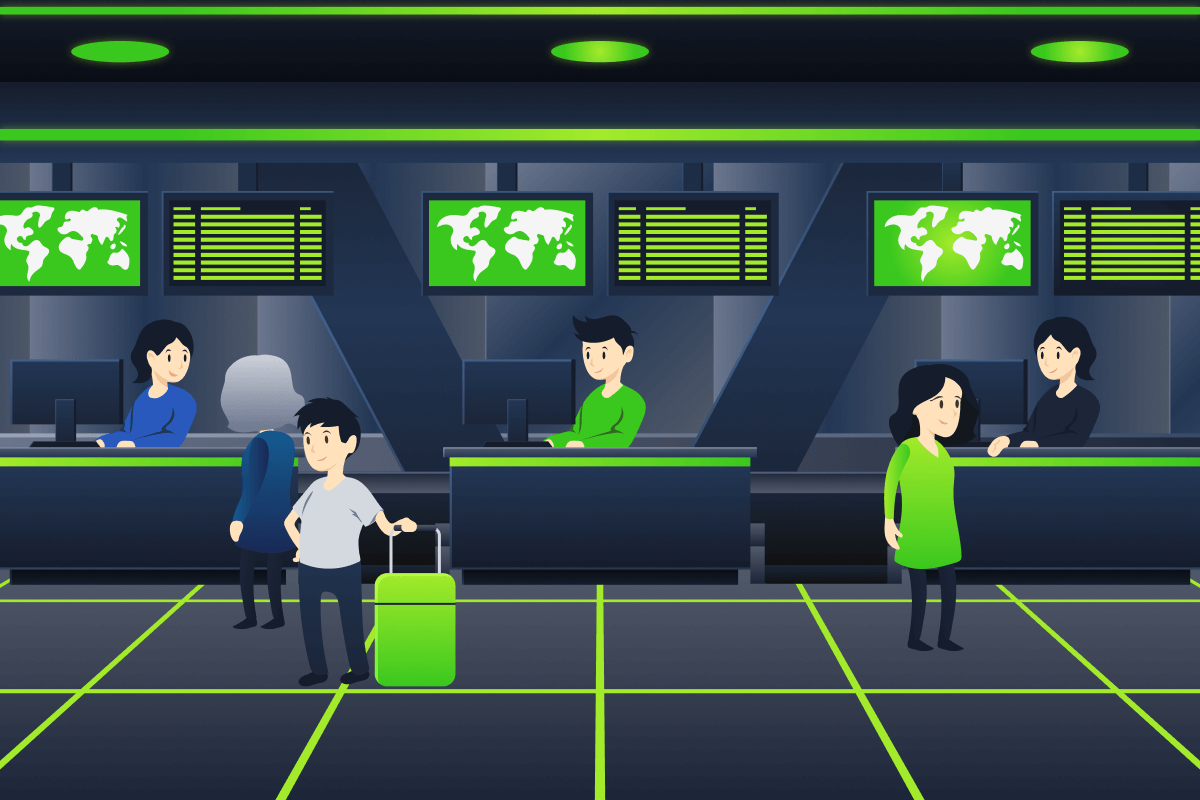 A graphical illustration of an airport terminal representing the computer desktop. 