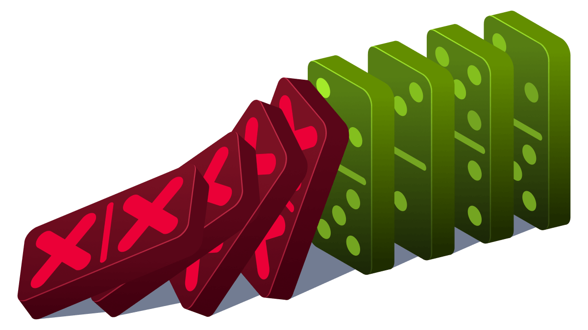 An illustration of a line of dominoes in which half are falling down representing security weaknesses.