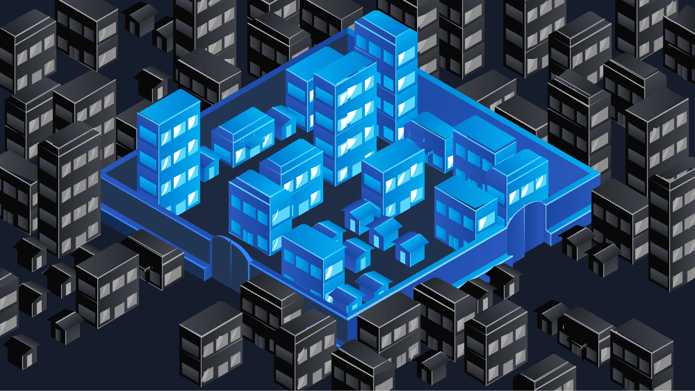 An illustration of a city surrounded by a wall that represents the client's infrastructure.