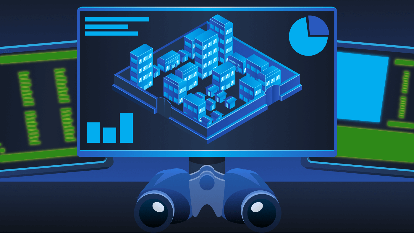 An illustration of binoculars and a computer monitor showing a city outline which represents a defender's scope.