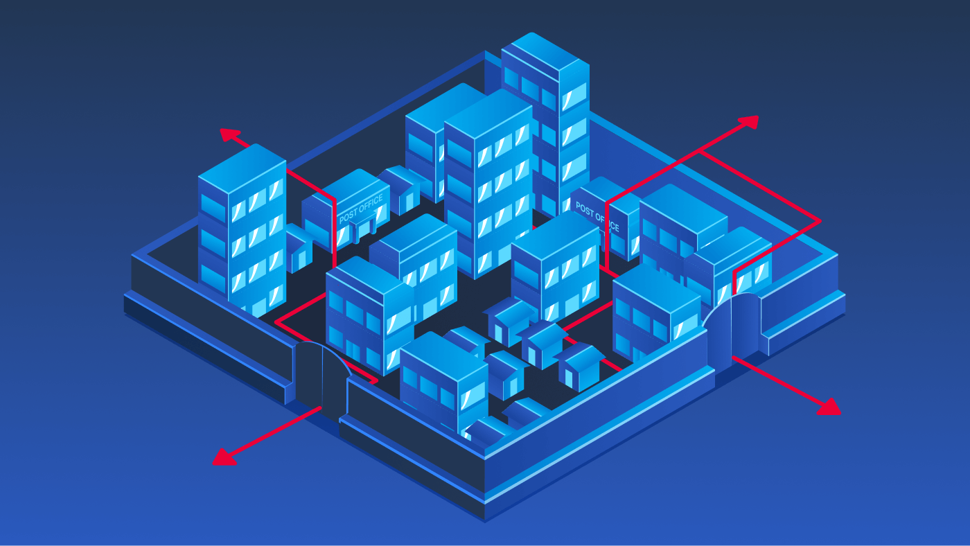An illustration of a city with a wall surrounding it representing client infrastructure. The city has red lines running through the streets to represent the weaknesses and protections facing the infrastructure.