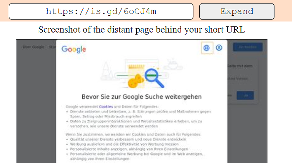 The shortened redirect link and destination page from the analyzed email.