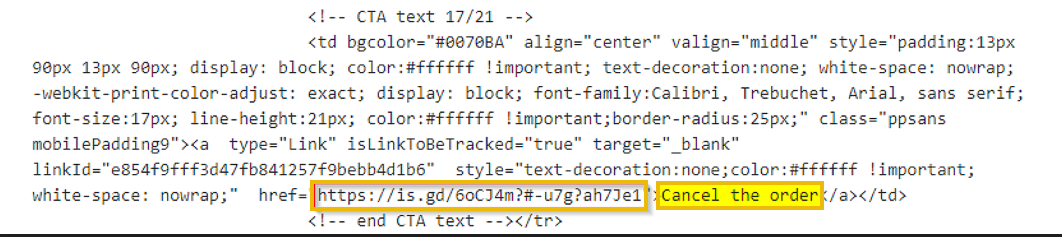 The source code of the email with the redirect link and display text highlighted.