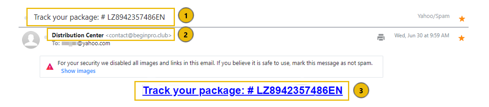 The email header and body with the subject, to address, and hyperlink highlighted.