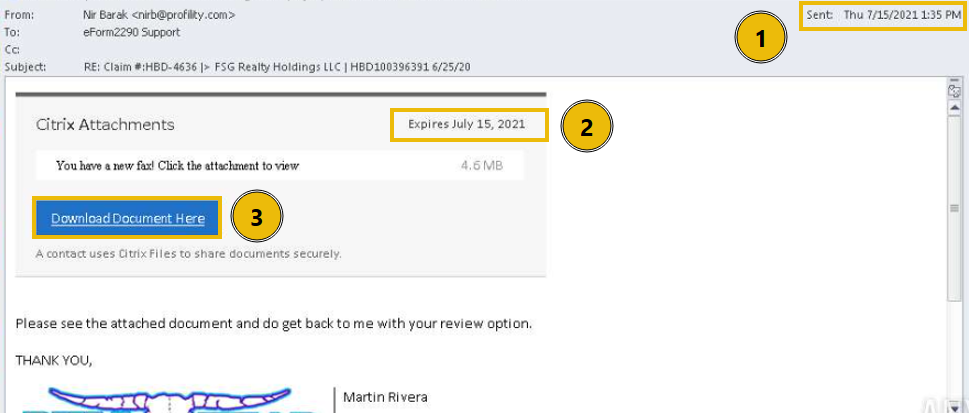 An email with the sent date, expiration date, and Download Document Here button highlighted.