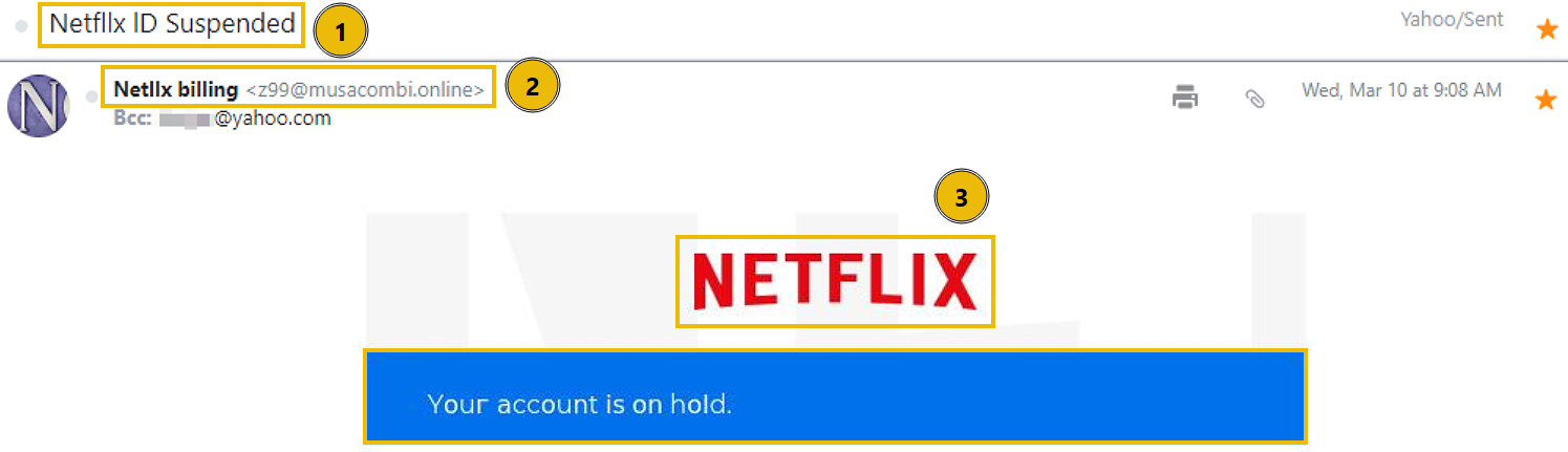 An email with the subject, from address, and rendered Netflix HTML highlighted.