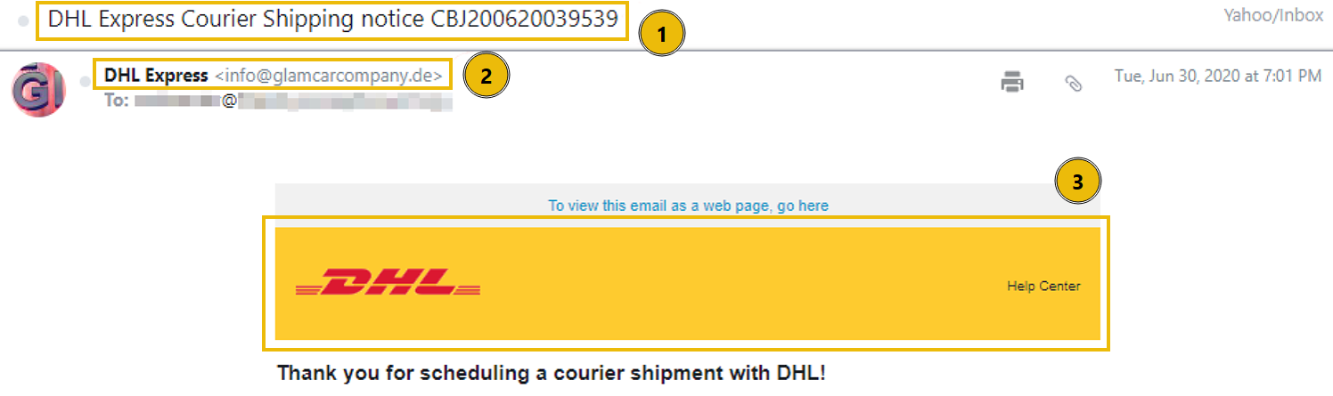 An email with the subject, from address, and rendered DHL HTML highlighted.