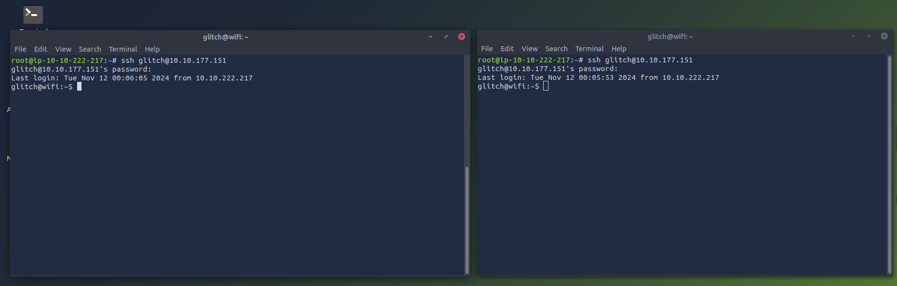 2 terminals with SSH sessions in the AttackBox.