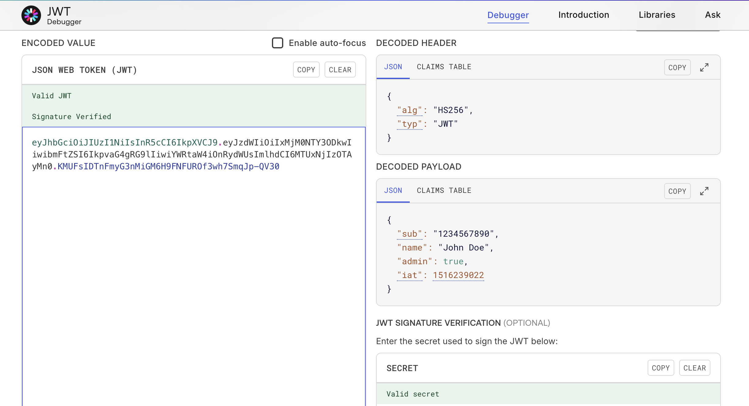 JWT.io example decoding of JWT token