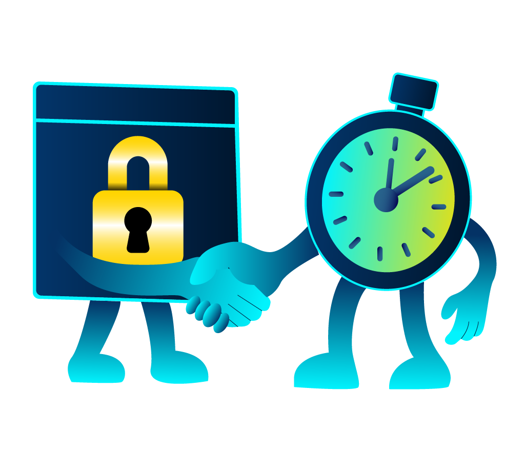 Depiction of AppSec and IR collaborating, a secure application window and a stopwatch shaking hands.