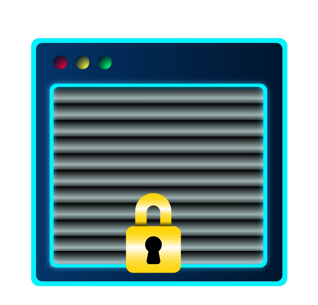 A secure application, as represented by an application window with a shutter down, now padlocked
