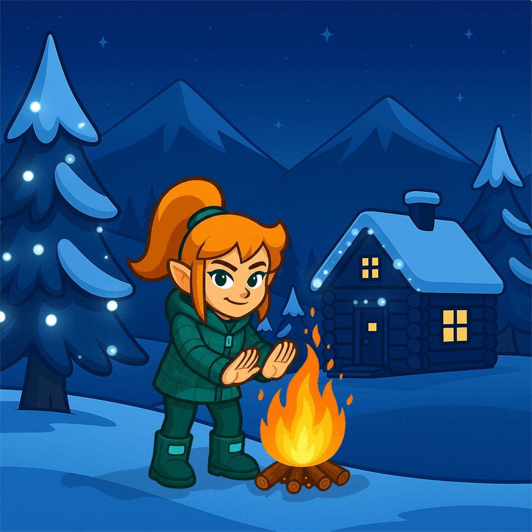 McSkidy warming her hands by a fire