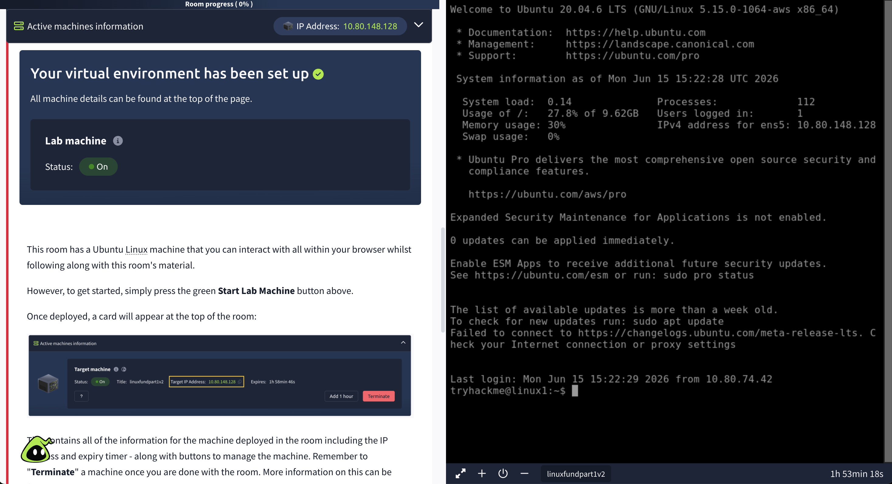 The Virtual Machine successfully started and showing in split screen view.