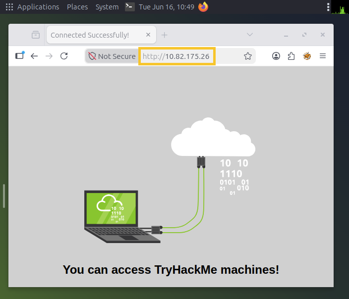 Machine IP address pasted inside the AttackBox's Firefox browser.