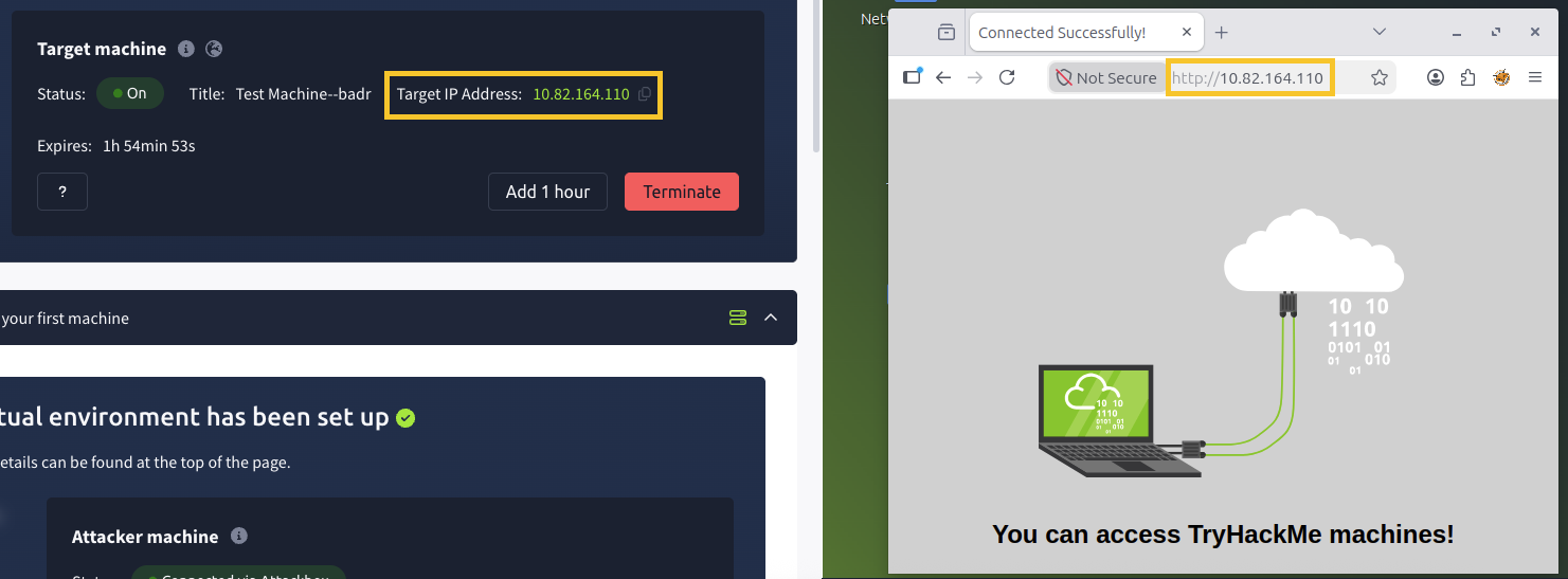 Machine IP address pasted inside the AttackBox's Firefox browser.