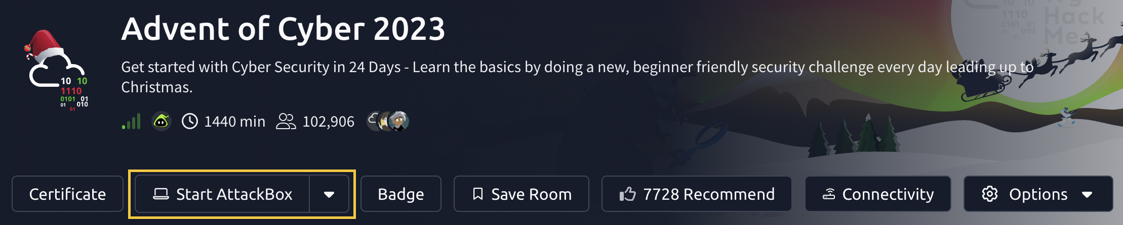 The top of the room page showing the Start AttackBox button highlighted