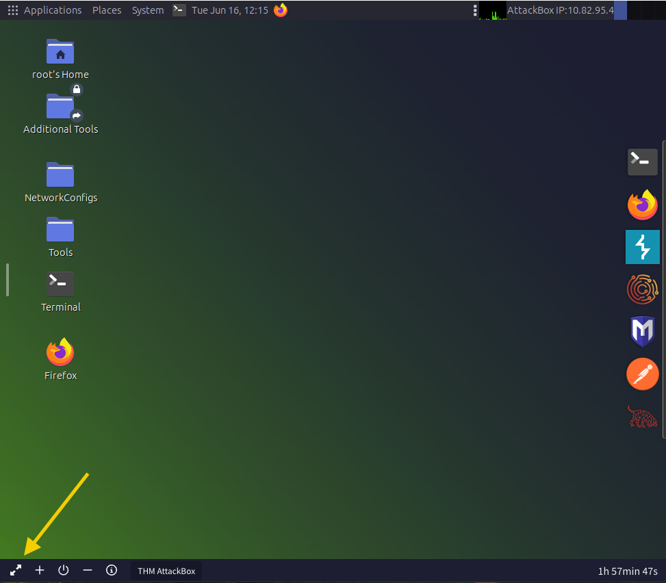 AttackBox with arrow pointing at the full screen button in the bottom left.