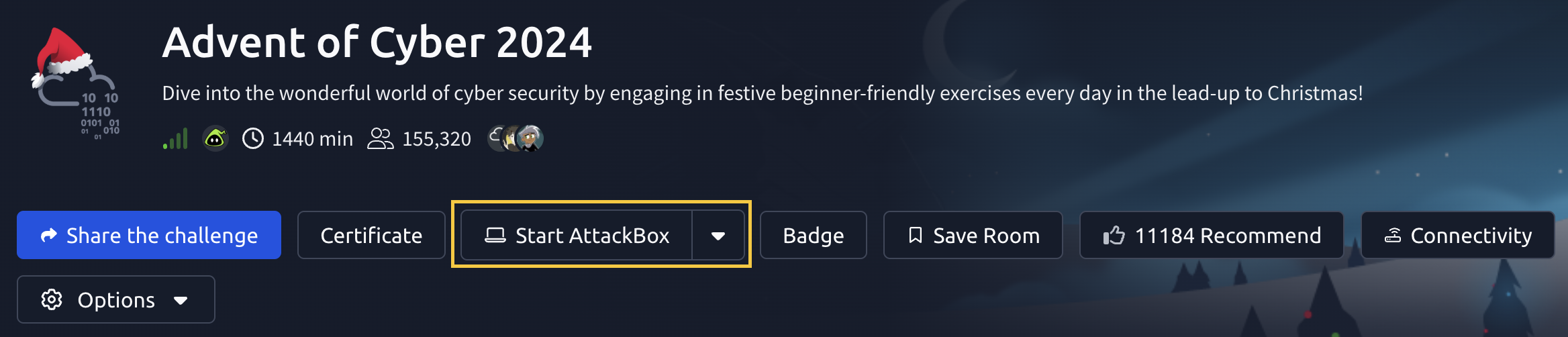 The top of the room page showing the Start AttackBox button highlighted