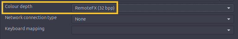 RemoteFX (32 bpp) selected and highlighted in Remmina
