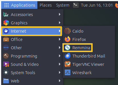 AttackBox with Applications, then Internet, then Remmina highlighted.
