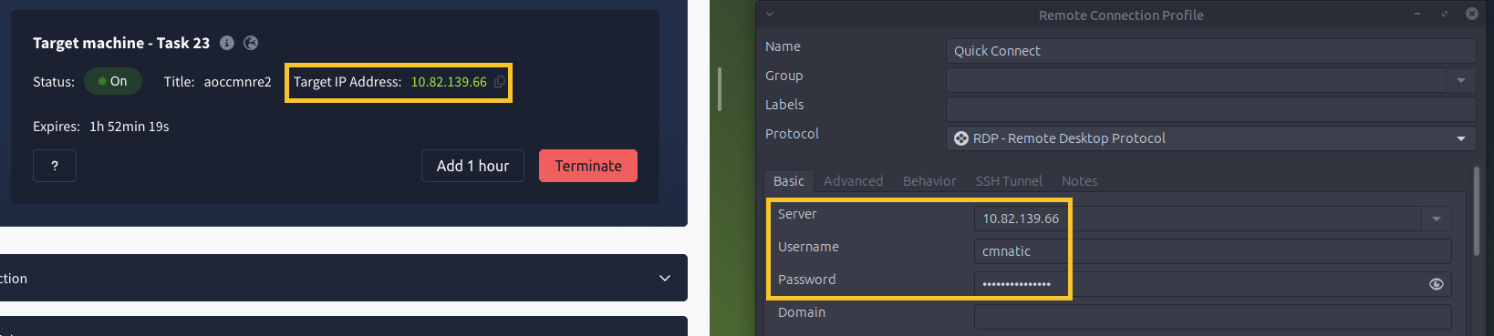 Remmina open with IP, username, and password filled out and higlighted.