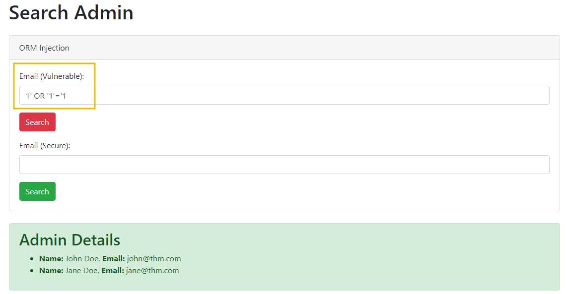 search form after successful injection