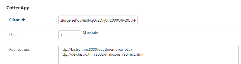 coffeeshopapp application panel showing redirect_uri