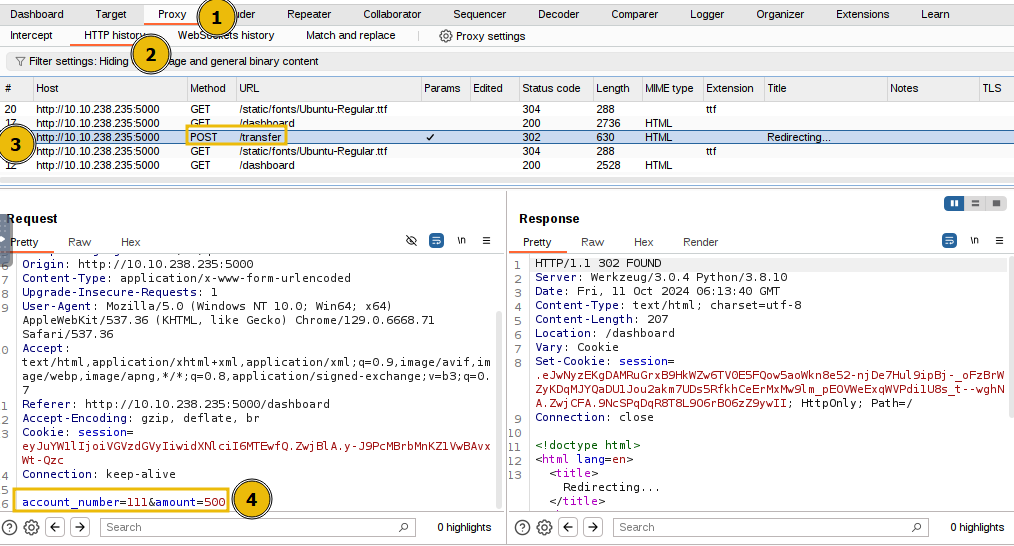 Burp suite with intercepted requests