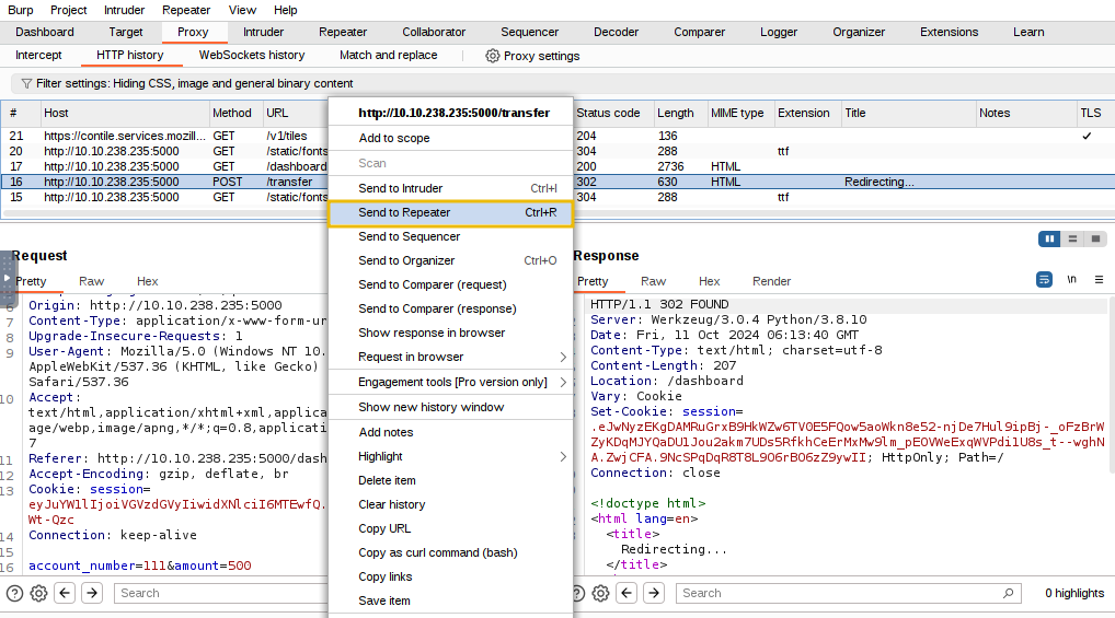 Burp suite with option to send request to repeater