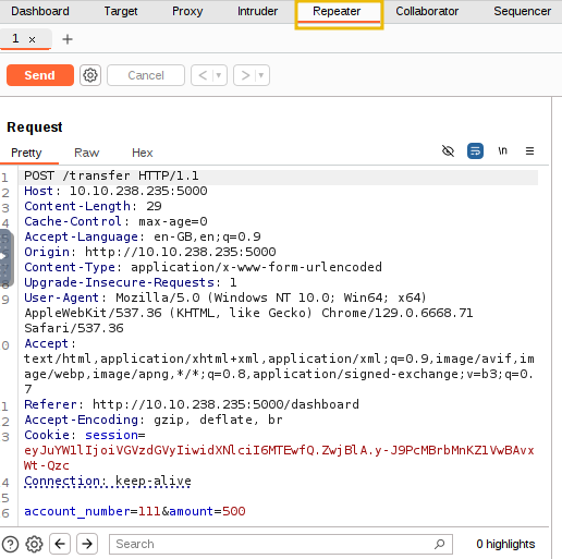 Repeater option in Burp Suite