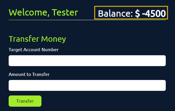 dashboard showing negative balance in bank app