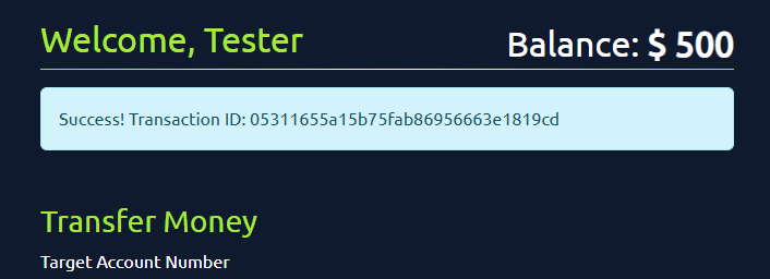 bank app displaying message after successful transfer
