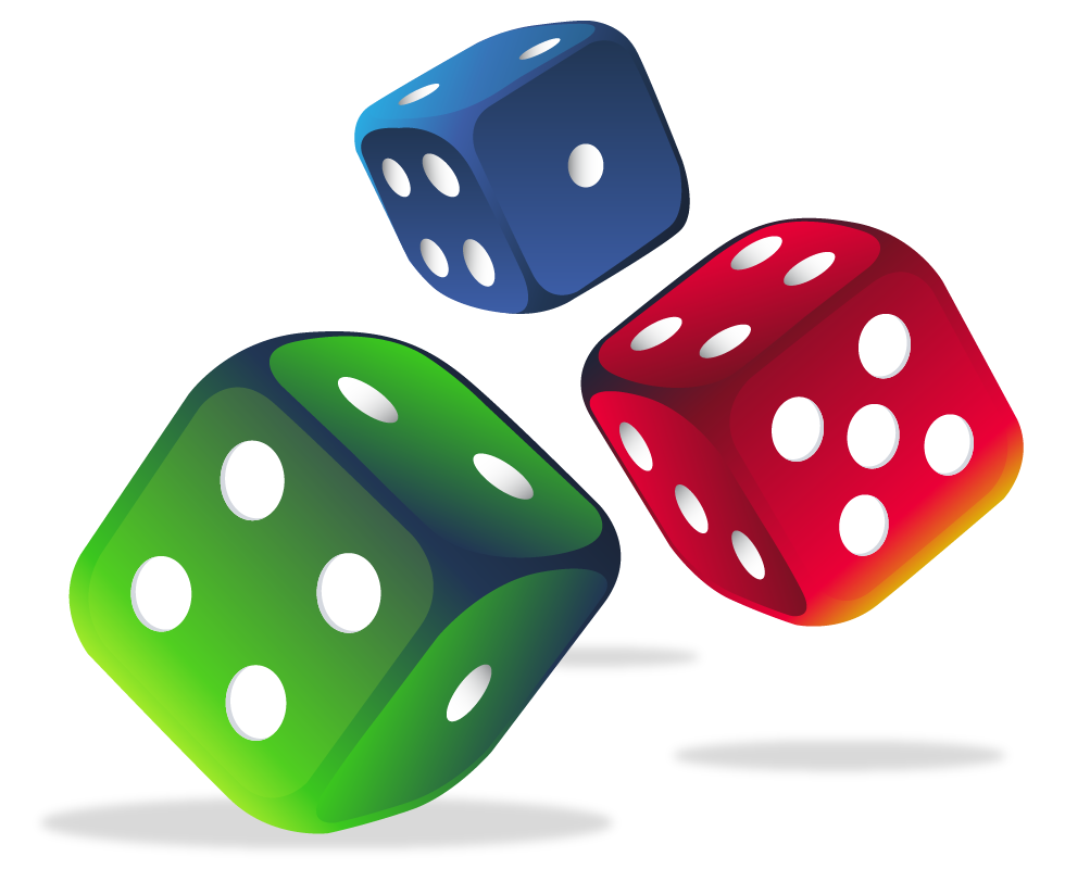 Image of three colorful dice showing different numbers.