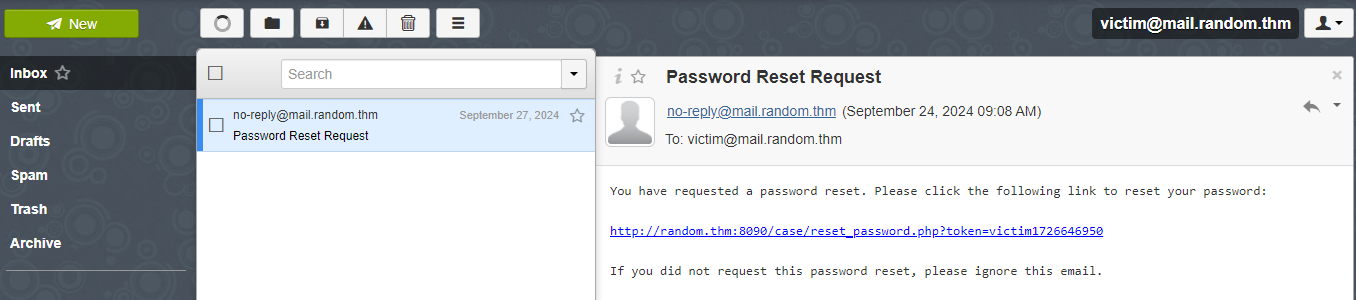 Password reset request in mailbox.