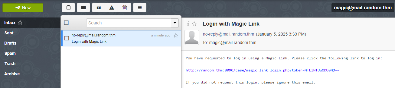 Mailbox showing login with magic link email.