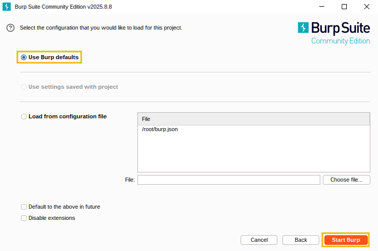 Startup screen in Burp Suite.