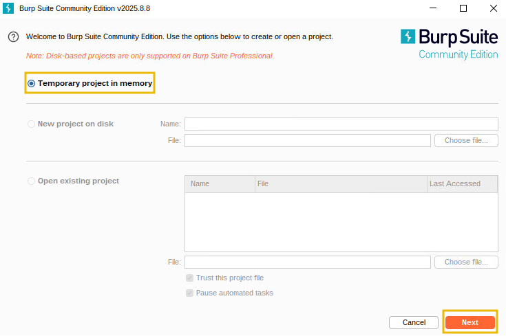 Introductory screen in Burp Suite.