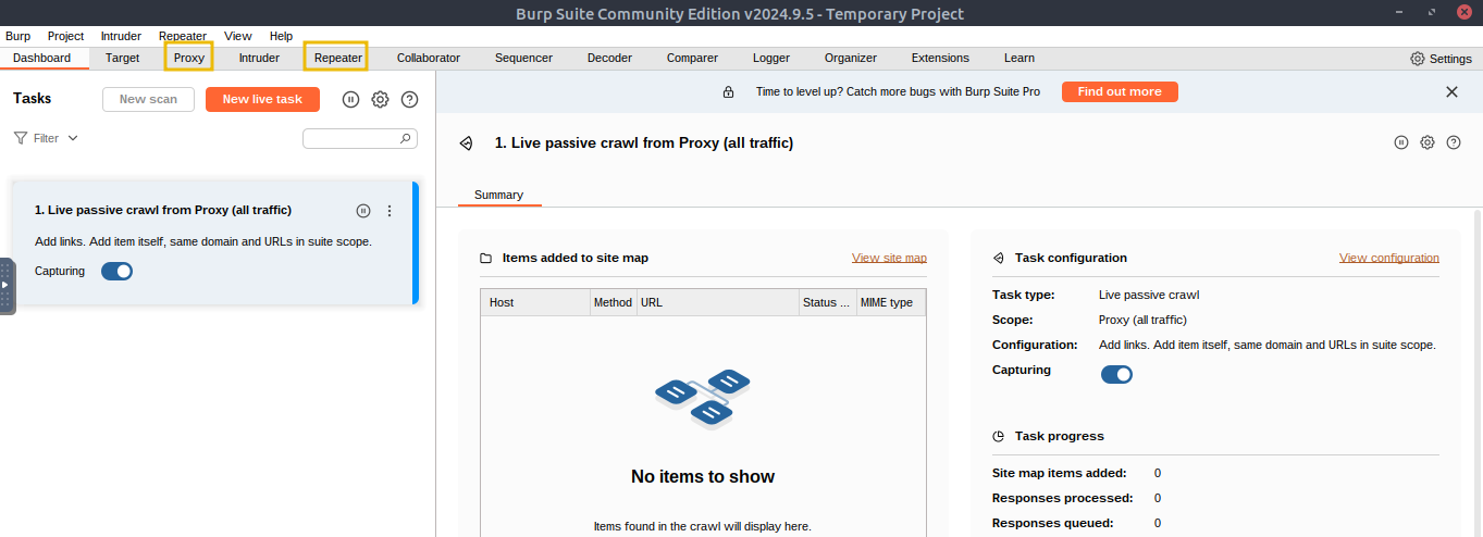 Welcome screen in Burp Suite.