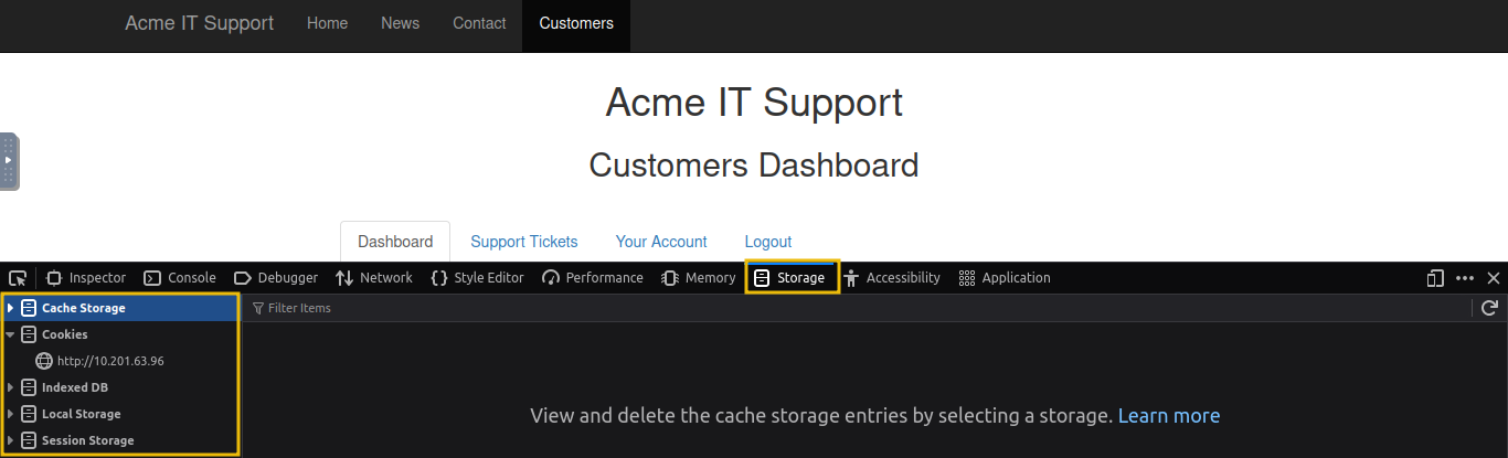 Storage tab after logging in.